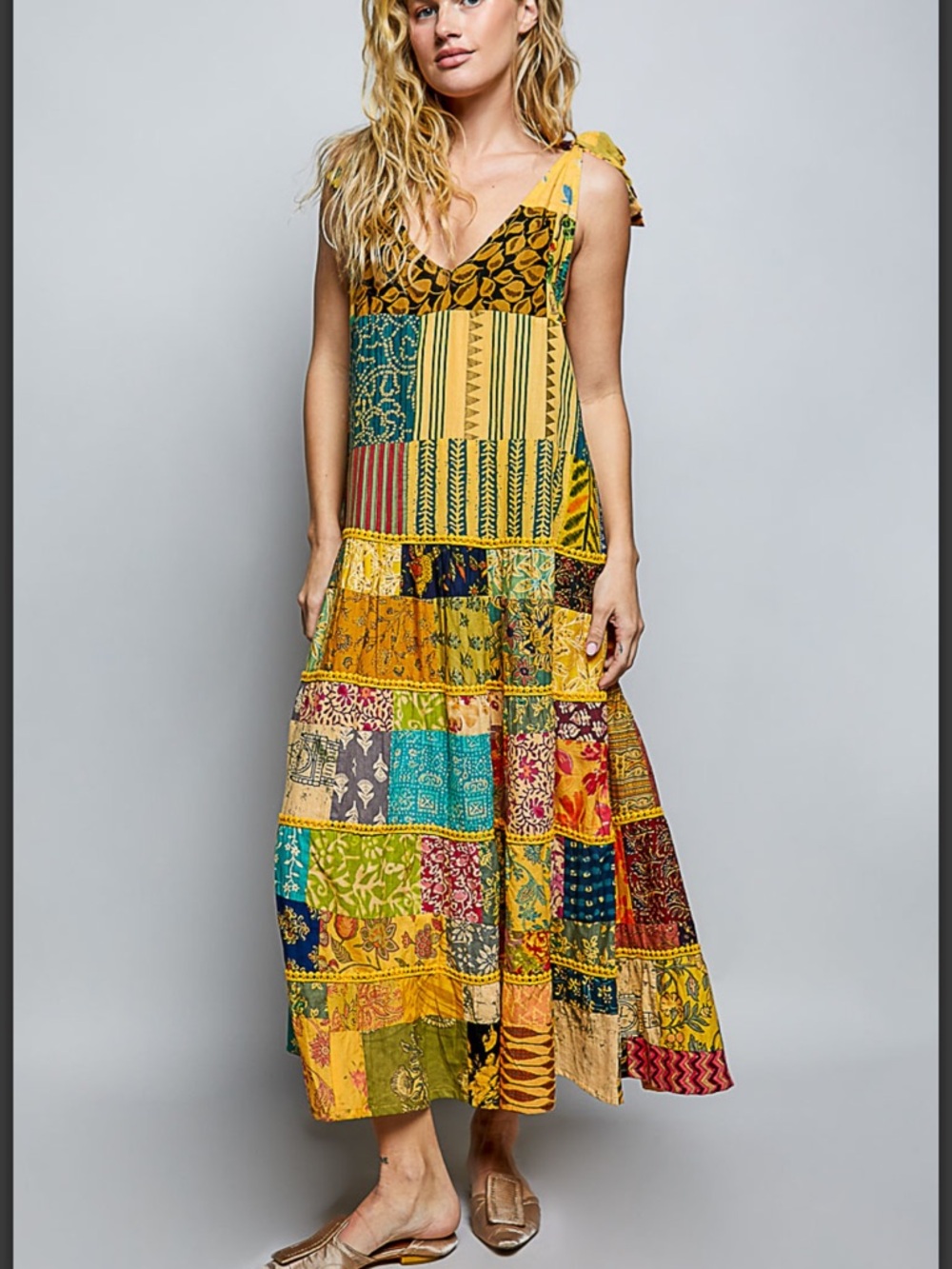 💕POL Bohemian Patchwork Maxi Dress in Mustard Yellow - Picture 5 of 7